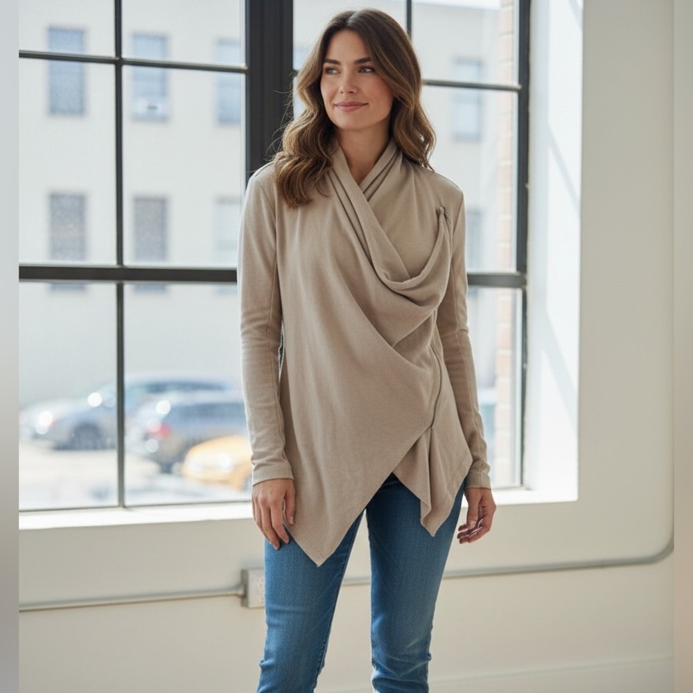 BLANK NYC ASYMMETRICAL JACKET FAUX LEATHER DRAPEY TAN-BEIGE MINIMALIST MOTO S